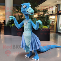 Sky Blue Coelophysis mascot costume character dressed with a Maxi Skirt and Earr - $1,339.00