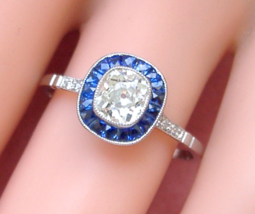 Art Deco .66ct Old Mine Cushion Diamond Sapphire Halo Platinum Engagement Ring - £3,037.50 GBP