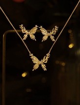 18K Gold Jagged Butterfly Necklace &amp; Stud Earrings Set - 2X, Chic, Statement - £50.61 GBP