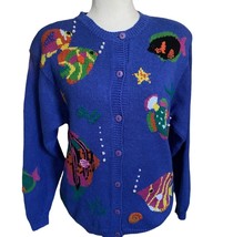 Vintage The Quacker Factory Fish Cardigan Sweater 90s Button Down Knit S... - £52.22 GBP