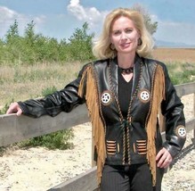 Women&#39;s Western Black Leather Fringe Jacket With Bones &amp; Studs WJ118 - $149.00