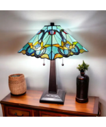 23&quot; Aqua Blues and Amber Abstract Stained Glass Table Lamp - $365.42 CAD