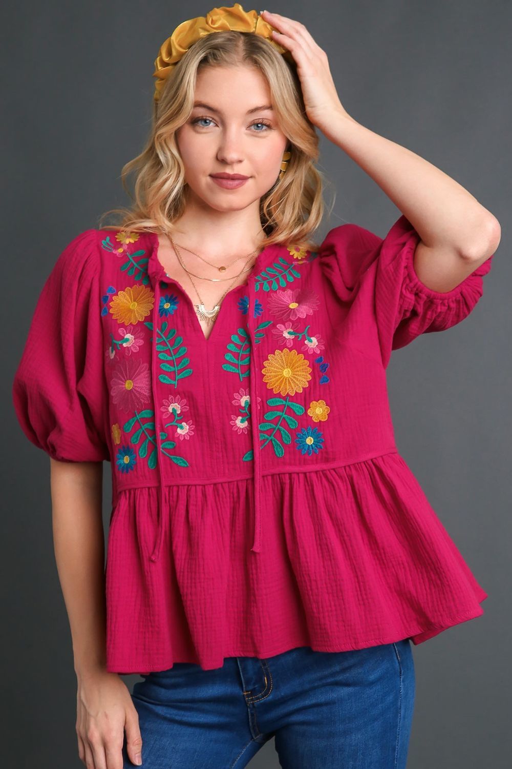 Umgee Full Size Cotton Gauze Floral Embroidery Babydoll Blouse Plus Size - $69.25+