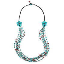 Long Double Blue-Red Flowers and Stone Nuggets Necklace - £20.01 GBP