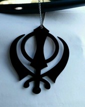 LARGE Black Acrylic Khanda Punjabi Sikh Pendant Car Rear Mirror Hanging in Chain - £12.99 GBP