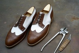Handmade Men Wing Tip Brogue Spectator Formal Shoes, Men&#39;s Brown Oxford shoes 20 - £115.45 GBP