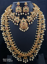 Indian Bollywood CZ Jewelry Bridal Necklace Earring Pearl Bridal Temple Set - £216.93 GBP