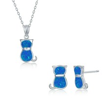 Sterling Silver Blue Inlay Opal Baby Cat Shape Pendant Necklace and Earrings - £44.58 GBP