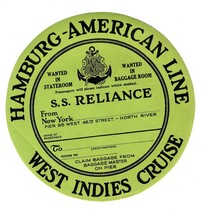 Hamburg American Lines Sticker SS Reliance 1930&#39;s West Indies Cruise - £18.61 GBP