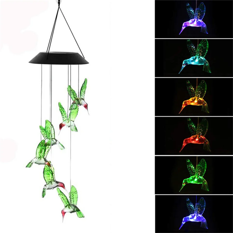 PAMNNY Color Changing Solar LED Wind Chime Hummingbird Lamp Outdoor Waterproof C - £92.22 GBP