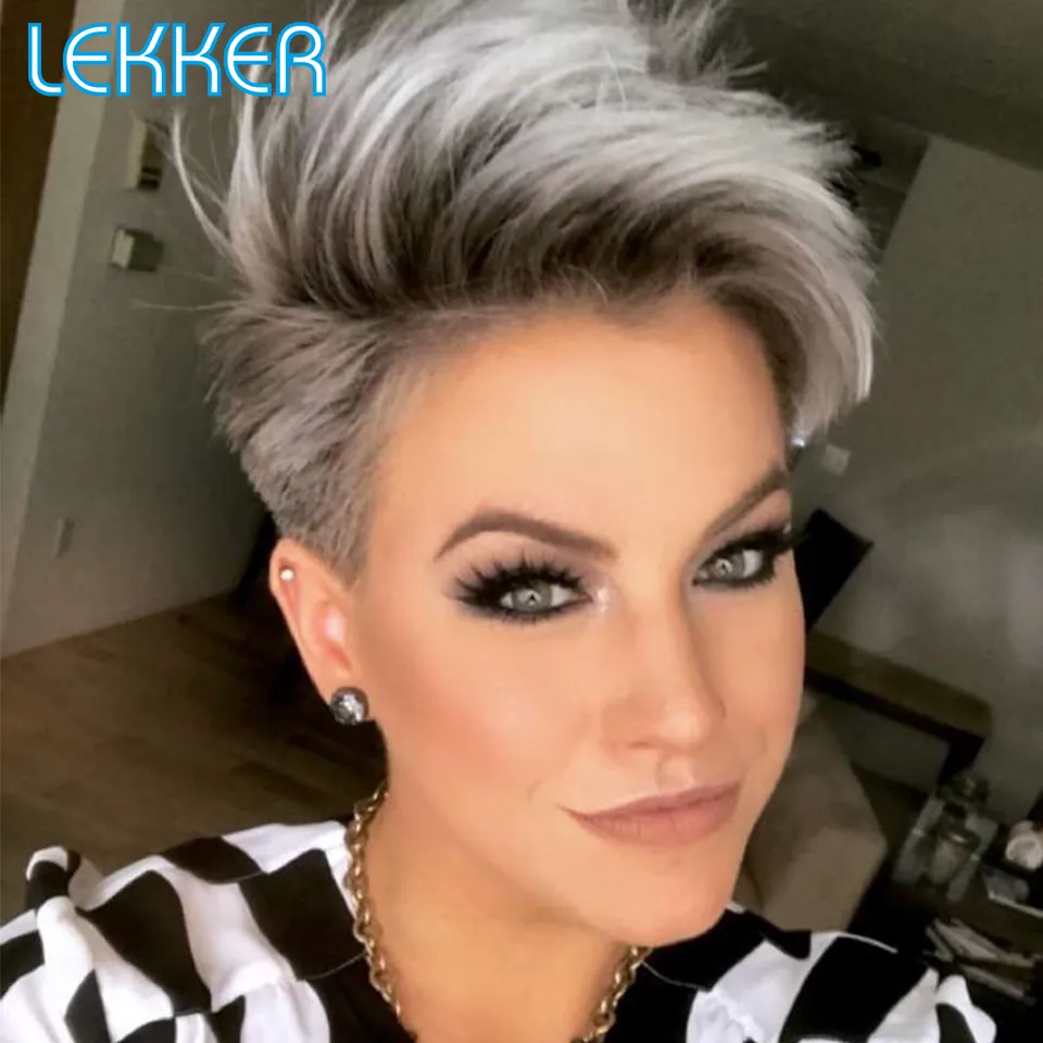 Lekker Silver Grey Short Pixie Straight Bob Human Hair Lace Wigs For Wom - $47.09
