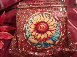 Coaster SET of 4 and Holder Gorgeous Fall SUNFLOWERS Unique Mixed Media ... - $22.95
