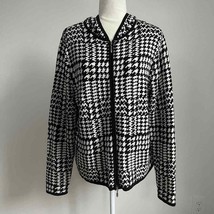Chico&#39;s Black &amp; White Houndstooth Hooded Cardigan Sweater Silk Blend Medium 12 - £38.66 GBP