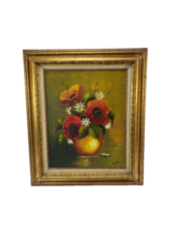 Original Oil Painting on Canvas Red Orange Poppies In Vase Still Life Signed  - £118.66 GBP