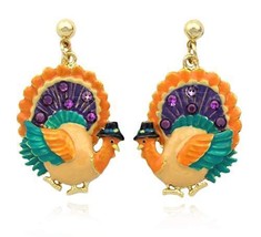 Thanksgiving Turkey Earrings Enamel Post Stud Dangles Rhinestone Jewelry - £19.12 GBP