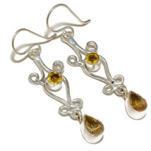 Citrine Round Pear Gemstone 925 Silver Overlay Handmade Dangle Drop Earrings - £7.98 GBP