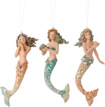 SET OF 3 HANDPAINTED &amp; JEWELED 5&quot; MERMAID NAUTICAL CHRISTMAS ORNAMENTS G... - £38.40 GBP