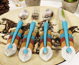 Southwest Chic Indian Turquoise Feather Flatware 1 Spoon Teaspoon Fork Knife Set - £28.76 GBP