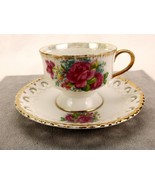 Footed Tea Cup &amp; Reticulated Saucer Set, Vintage Fine China, Hand Painte... - $20.02 CAD