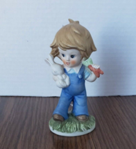 Vintage Homco 5&quot; Boy In Blue Overalls With Bunny and Carrots Porcelain Figurine - £7.90 GBP