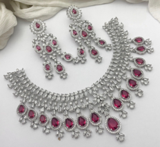 Bollywood Indian Silver Plated CZ AD Chain Necklace Earrings Red Jewelry Set - £112.70 GBP