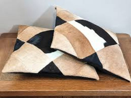 Set of 2 Tricolor Cowhide Cushion Pillowcases Brown, Black and White Tri Color | - £56.70 GBP