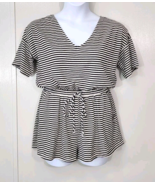 Umgee Black &amp; White Striped Romper Shorts Large Short Sleeve V Neck Rela... - $24.99