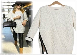 NEW Ivory Boho Chic Wool &amp; Faux Leather Knit Sweater Zipper OS Fits Sz S M - £51.95 GBP