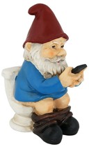 9.5 in Funny Garden Gnome on Toilet Looking at Cell Phone Outdoor Statue (a) - £110.78 GBP
