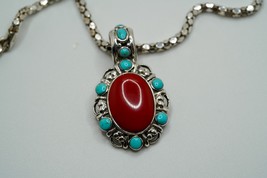 Vintage Southwestern Sterling Silver Coral Turquoise Pendant 4cm Necklac... - $109.53 CAD