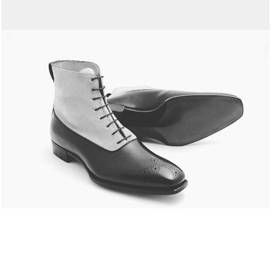 Men's ankle leather boots, Men two tone boots, Men black and light gray boots - $179.99