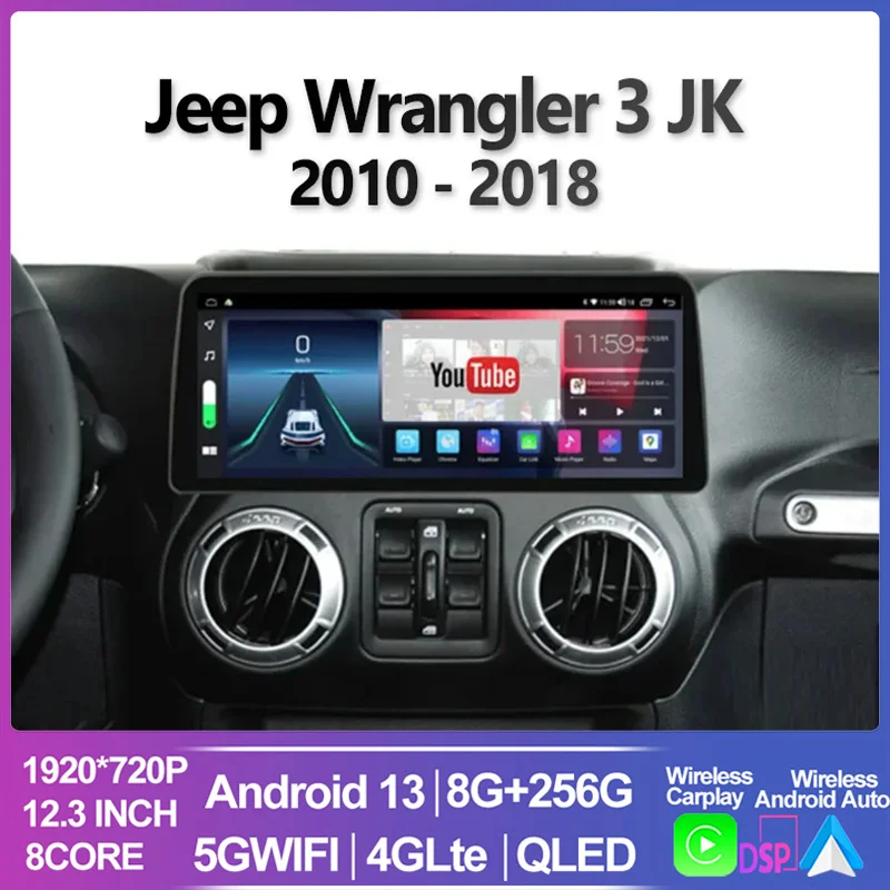 For Jeep Wrangler 3 JK 2010 - 2018 12.3INCH QLED Screen Car Android 13 System - £306.94 GBP+