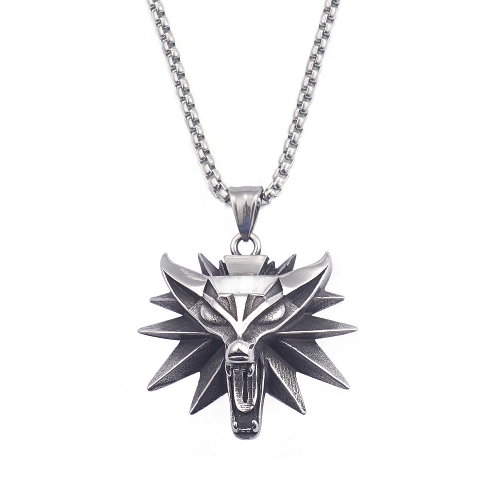 Vintage Witcher Punk Wolf Head Pendant Necklace For Men Punk Hip Hop Jewelry Ger - £19.04 GBP