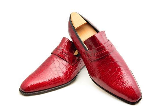 Men's Handmade Leather Shoes, Formal Crocodile Texture Leather Men Red Shoes 201