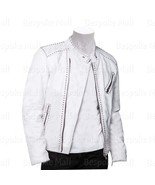 New Men&#39;s White Silver Studded Double Zippered Cowhide Biker Leather Jac... - $269.99