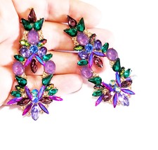 Purple Green Drop Earrings, Bridesmaid Rhinestone Earrings, 3 Inch Pagea... - £31.99 GBP