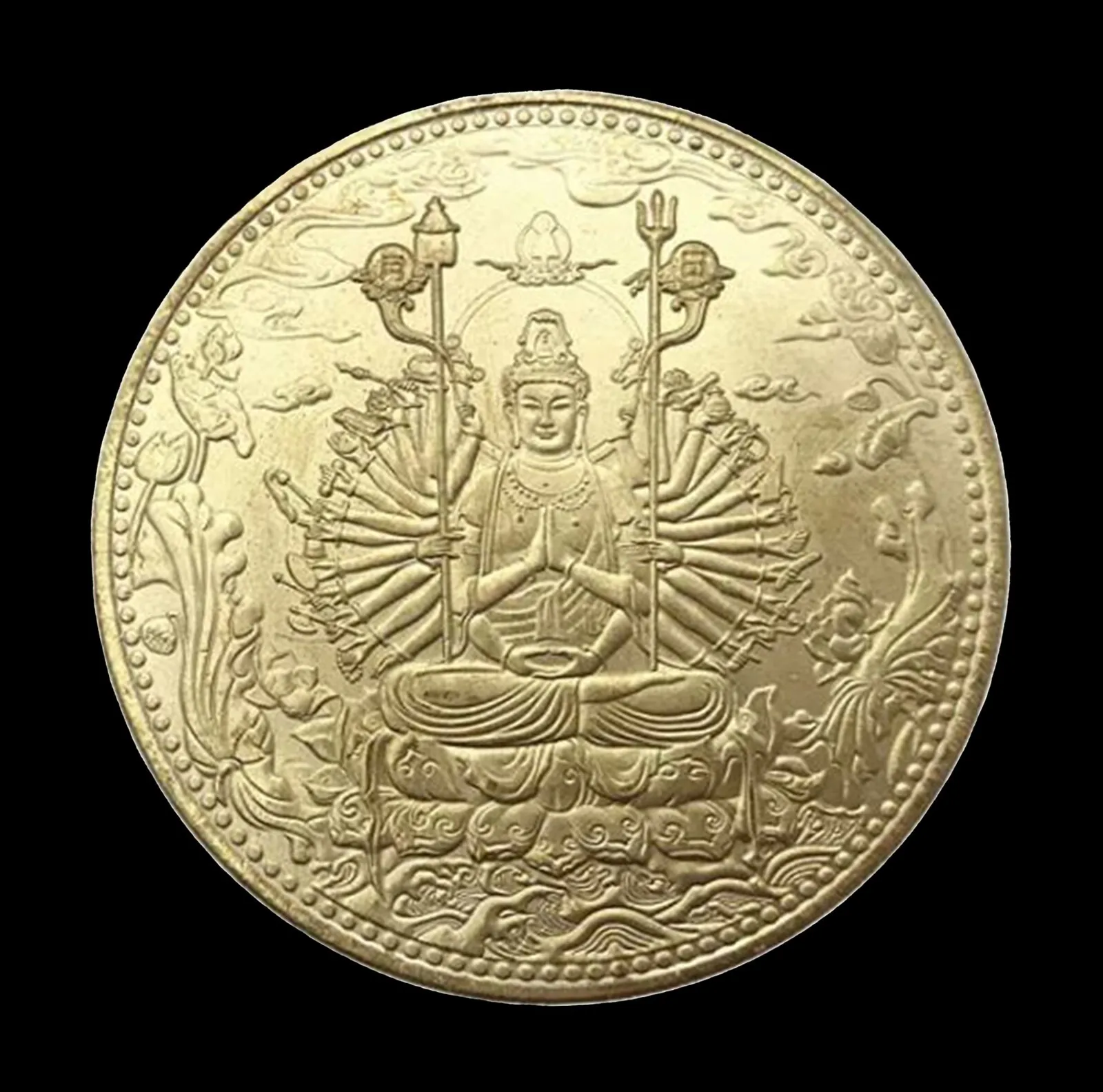 Buddha Avalokiteshvara-Guanyin 1000 Hand Bodhisattva Gold Alloy Coin-Hea... - $39.99