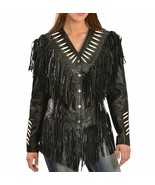 Women's Black Genuine Cowhide Leather Fringed Bone Beads Handcrafted Jacket - $195.99