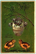 Decorated Egg Baby Chicks Violets Easter Greetings Gilt 1908 DB Postcard F8 - £7.72 GBP