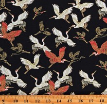 Cotton Metallic Cranes on Black Birds Animals Fabric Print by the Yard D468.51 - £11.12 GBP