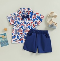 NEW 4th of July Patriotic Boys Short Sleeve Button Shirt &amp; Shorts Outfit Set - £6.73 GBP