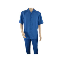 Men INSERCH 2pc Walking Leisure Suit Shirt Pants Set Short Sleeves 9356 Blue image 7