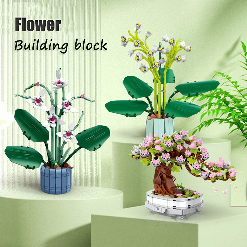 Potted Cherry Blossom Building Blocks Green Plant Lily of The Valley Bouquet - £17.75 GBP+