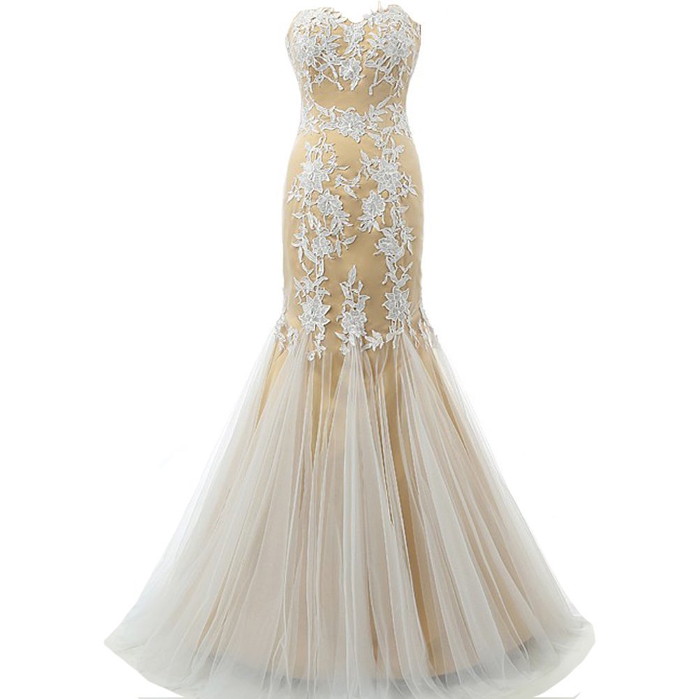 Kivary Mermaid Long White Lace Tulle Corset Back Formal Prom Evening Dresses Cha
