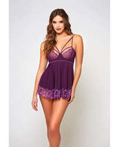 Cross Dye Lace &amp; Microfiber Babydoll &amp; G-String Purple MD - £48.47 GBP