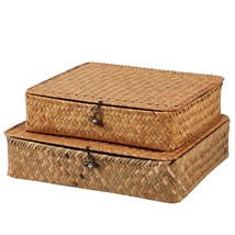 Flat Seagrass Storage Basket Bins With Lid - Set Of 2 Wicker Baskets Bin... - $33.99