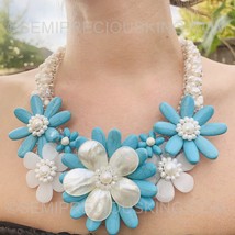 Tropical Turquoise Freshwater Pearls 20&quot; Handcrafted Gemstone Beads Choker Bib N - £87.91 GBP