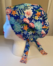 100% Cotton Blue Floral Scrub Cap, Tie-On, Or Hat, Vet&#39;s, CRNA, Surgical... - $20.00