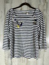 Chicos Chronicle Striped Shirt 2P or Large Petite Navy White Embroidered  - £13.15 GBP