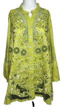 John Mark Womens Large Green Embroidered Flutter Sleeve Linen Shirt Bohemian - £26.03 GBP